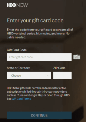 Redeem HBO NOW Gift Card