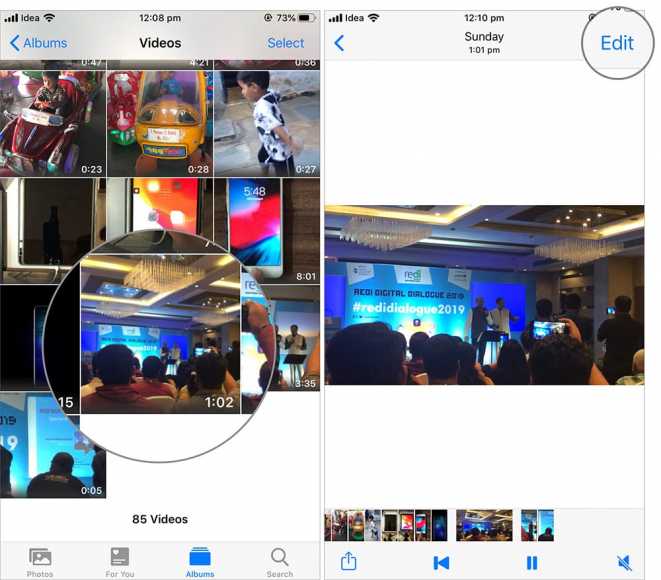 select the video and tap on edit in ios 13 photos app