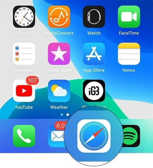 Launch Safari app on iPhone running iOS 13