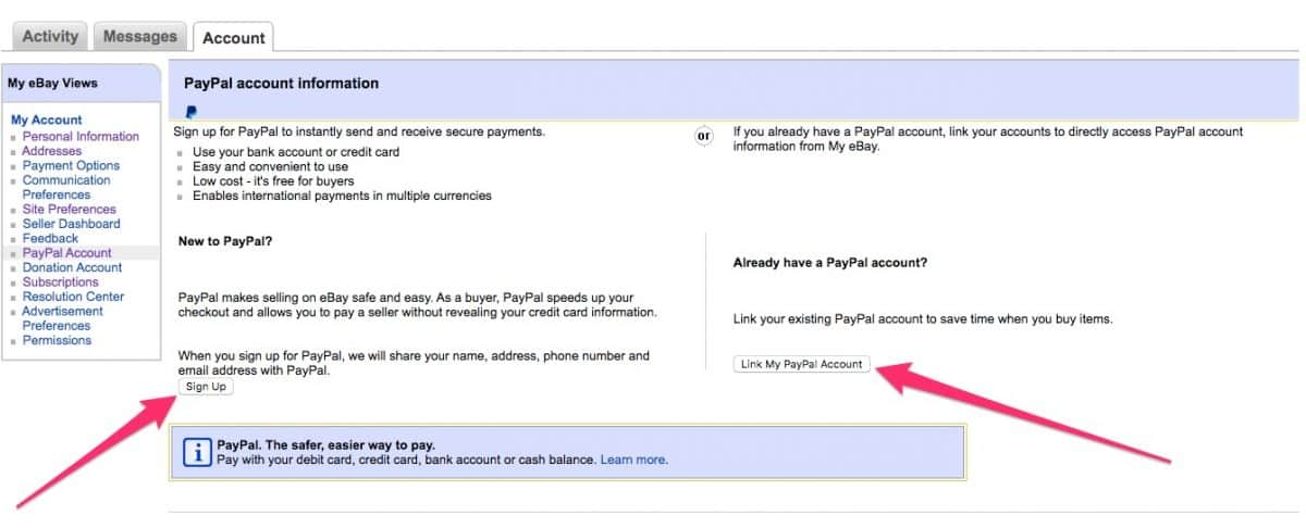 Link PayPal Account eBay Account