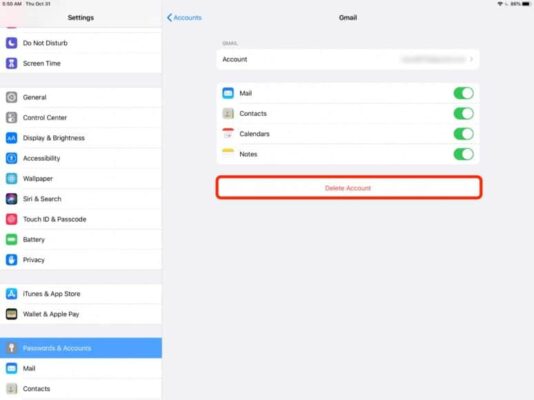 Delete Email Account iPad