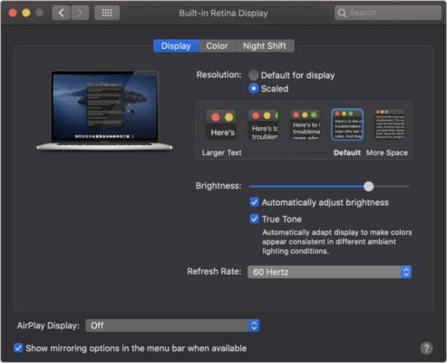 macos catalina system preferences displays aadjustable refresh rate