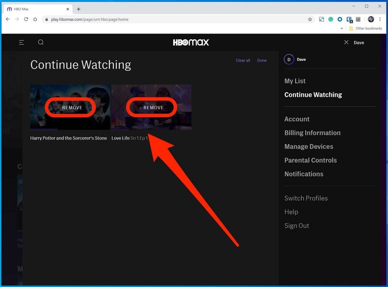 clear "continue watching" list hbo max