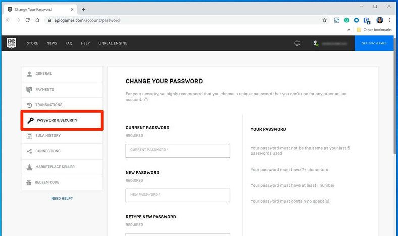 change epic games account password