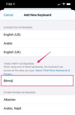 add bitmoji iphone keyboard 