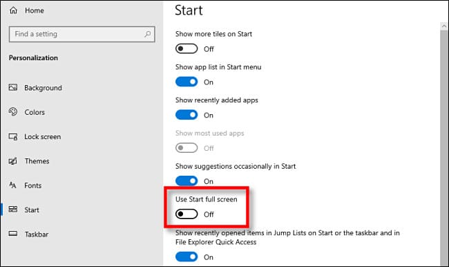 Win10 Settings Use Start Full Screen