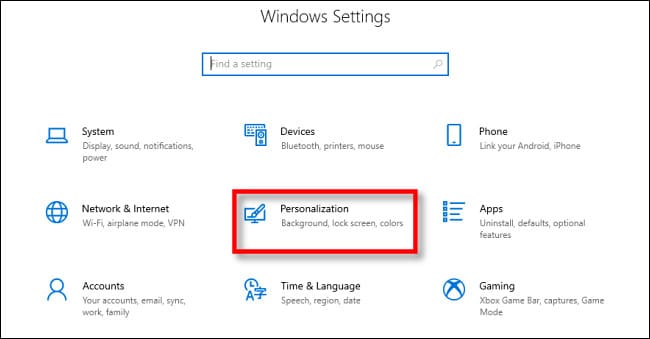 Windows Settings Click Personalization