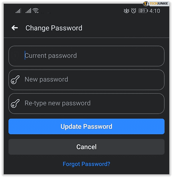 reset facebook app password android
