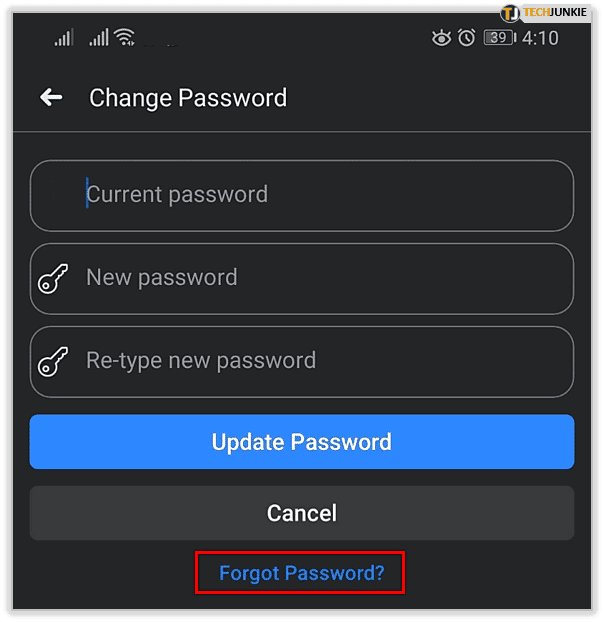 reset facebook app password android