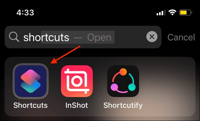 open shortcuts app using spotlight on iphone
