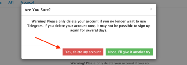 Click Yes Delete My Account On Telegram Website