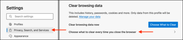 Go To Option To Clear Data When Closing Microsoft Edge Browser
