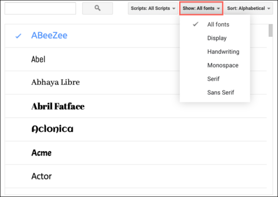 Showfonts Googledocs