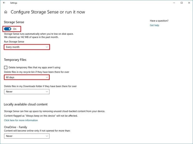 Recycle Bin Storage Sense Window