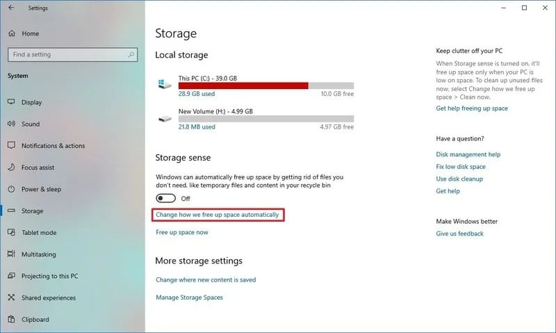 Storage Sense Settings Windows