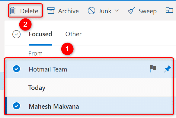 Select Consecutive Emails And Choose Delete At The Top.