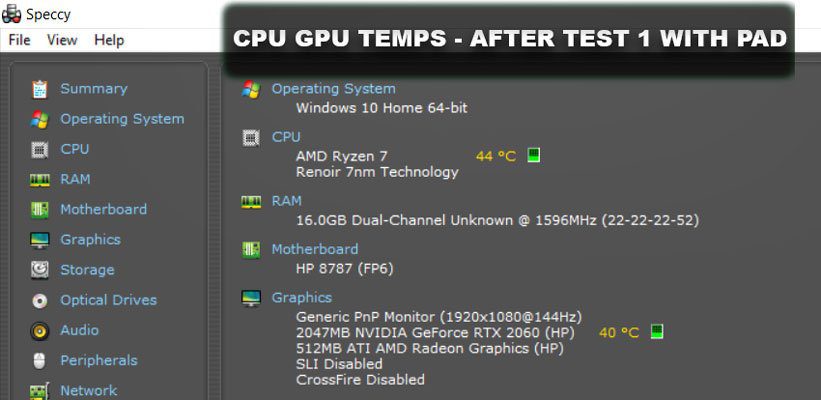 CPU GPU Temperatures After Test 1 with the laptop cooling pad